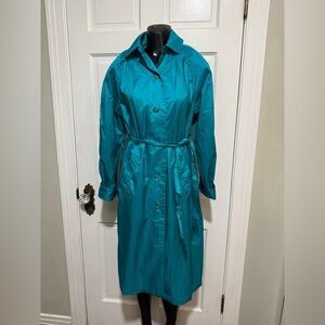 Vintage Teal Trench Coat Shoulder Pads Button Down Womens Small Medium